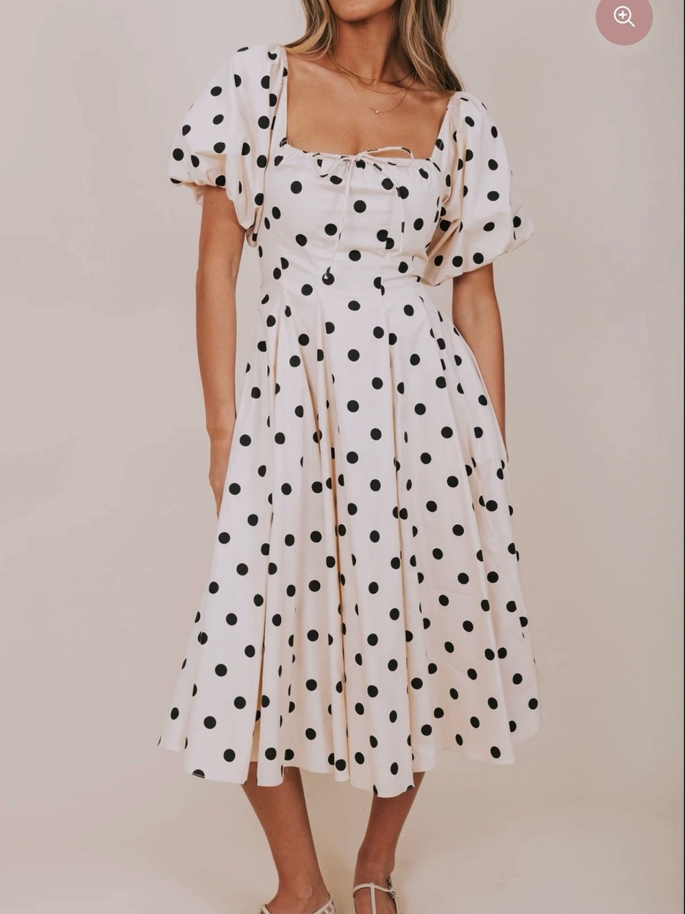 Black Dot Cream Midi Dress with Puff Sleeves